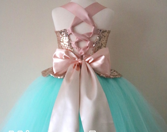 teal and rose gold dress