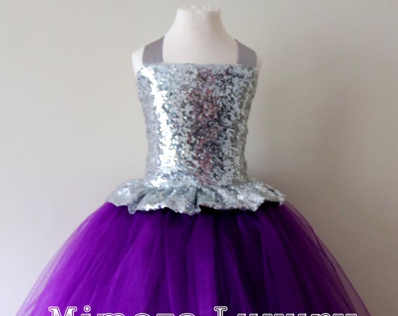 Purple & Silver Sequin Flower Girl Dress, silver bridesmaid dress, couture flower girl gown, bespoke girls dress,purple tulle princess dress