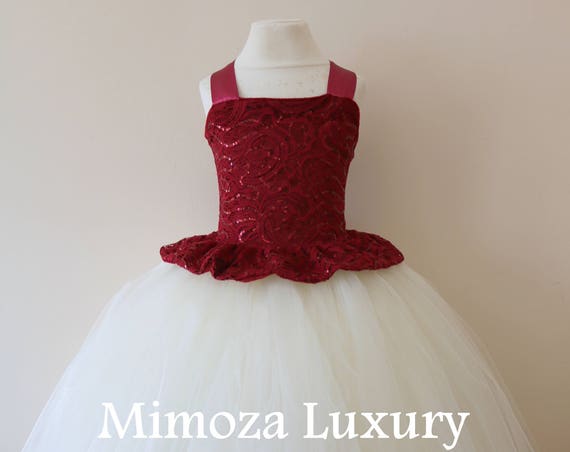Burgundy Flower Girl Dress, burgundy bridesmaid dress, couture flower girl gown, bespoke girls dress, tulle princess dress, ivory tutu