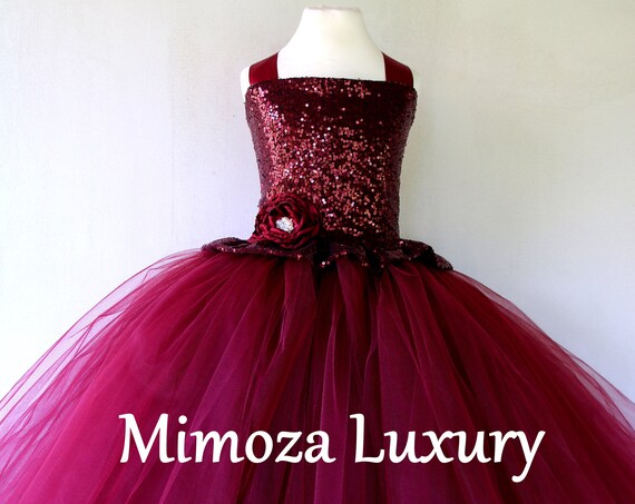 Christmas luxury dress, Burgundy sequins Flower Girl Dress, burgundy girls tulle dress
