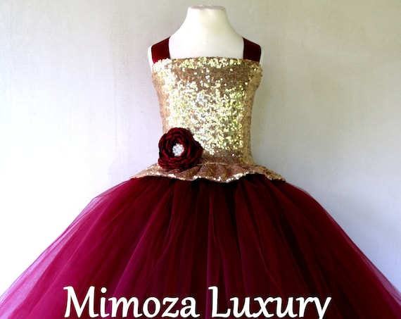 Christmas luxury dress, Gold Burgundy tulle Dress, Christmas girls dress