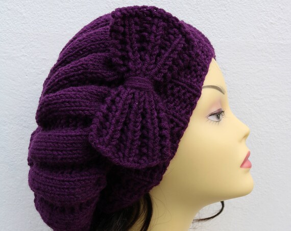 Eggplant Woman Hand Knitted Hat with Bow, Beret hat with bow, Plum Purple knit hat, purple slouchy knit women's hat with bow, aubergine hat