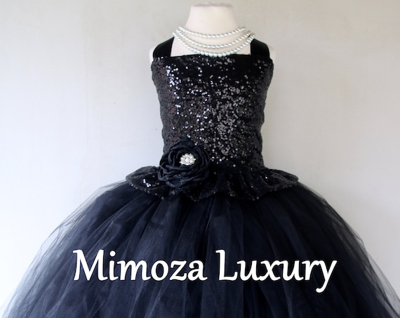 Black Sequins Flower girl dress, black tulle bridesmaid dress