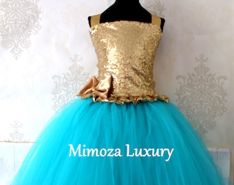 Teal & Gold Sequin Flower Girl Dress, teal green bridesmaid dress, flower girl gown, bespoke girls dress, tulle princess dress, teal dress