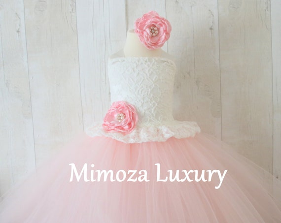 Ivory Lace Blush tulle Flower Girl Dress, Ivory bridesmaid dress, Ivory couture flower girl gown, bespoke girls dress, tulle princess dress