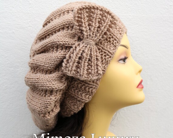 Womens Beret Hats with bow, winter wool hat with bow, hand knitted hat, slouchy winter knit crochet hat with bow