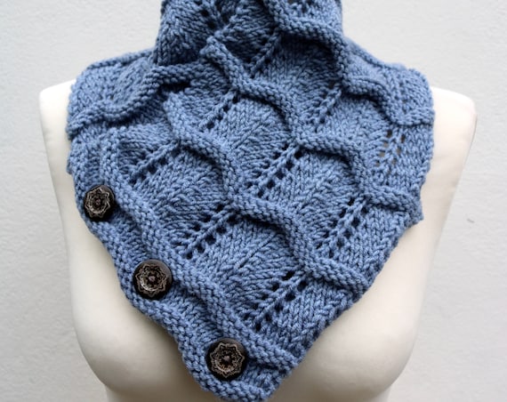 Denim Blue/Grey Merino Wool Hand Knitted Scarf, Knit scarf wrap blue grey Scarf, Shawl, Wrap, Neck warmer, knit scarf, women's knit scarf