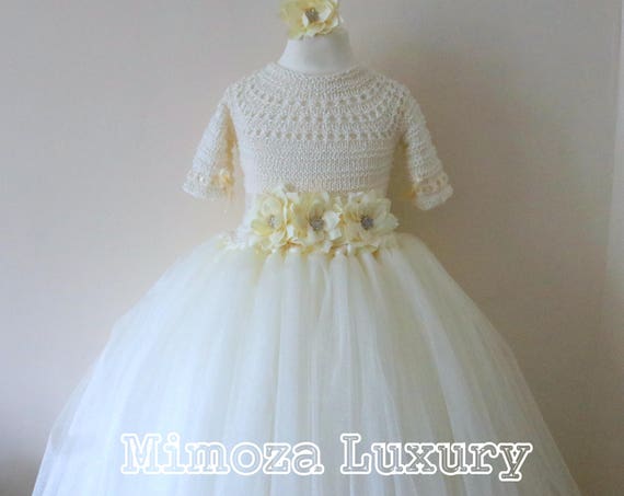 Ivory Flower girl dress, 3/4 sleeve Ivory tulle dress, long sleeve wedding dress, bridesmaid dress princess dress, ivory tulle flower dress