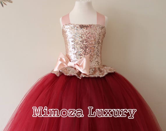 Rose Gold & Burgundy Flower Girl Dress, rose gold bridesmaid dress, flower girl gown, bespoke girls dress, tulle princess dress, rose gold