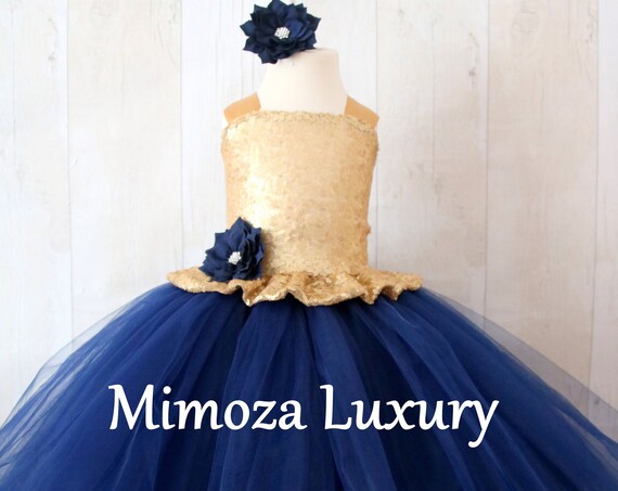 Gold & Navy Blue Flower Girl Dress, Gold sequin bridesmaid dress, Gold flower girl gown, bespoke girls dress, Navy tulle princess dress