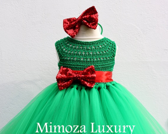 Christmas tutu dress, Christmas eve dress, Christmas green elf tutu dress, red green princess dress, emerald crochet top tulle dress