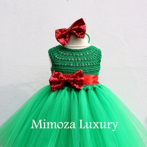 Christmas tutu dress, Christmas eve dress, Christmas green elf tutu dress, red green princess dress, emerald crochet top tulle dress