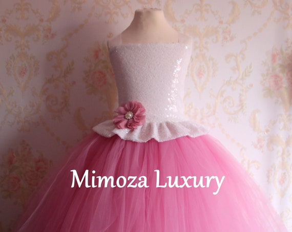 Dusky Pink & White sequins Girls Dress, mauve pink flower girl dress