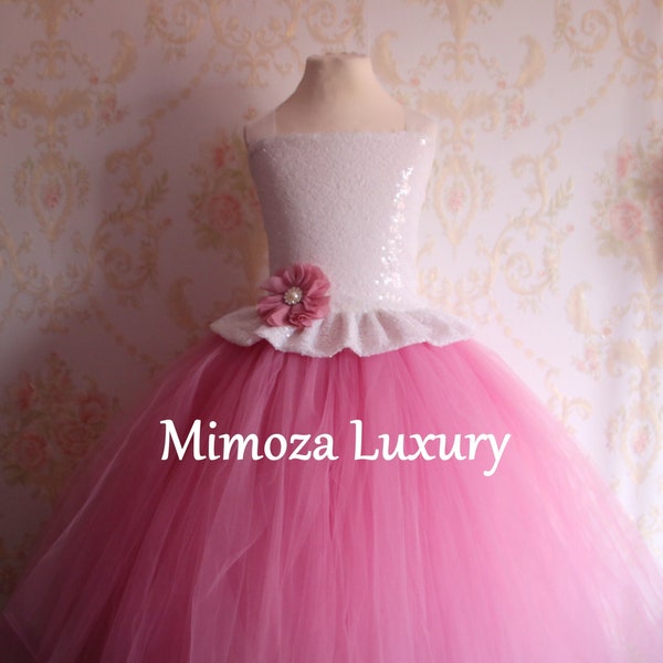 Dusky Pink & White sequins Girls Dress, mauve pink flower girl dress