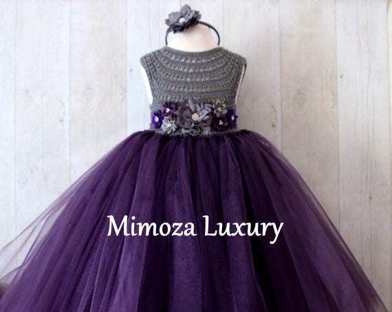 Grey Plum Flower girl dress, Gray Aubergine flower girl dress, eggplant grey tulle dress, girls wedding dress, grey little bridesmaid dress