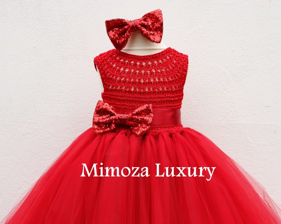 Christmas tutu dress, Red Flower girl dress, red tutu dress, red princess dress, red crochet top tulle dress, red hand knit tutu dress