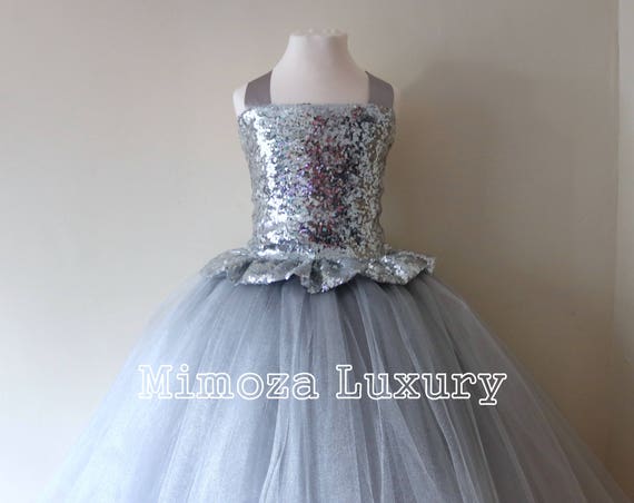 Silver Sequin Flower Girl Dress, silver bridesmaid dress, couture flower girl gown, bespoke girls dress, tulle princess dress, silver tutu