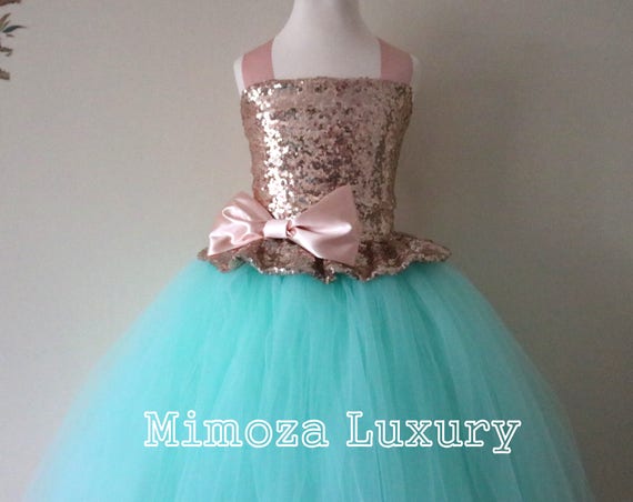 Rose Gold & Mint Sequin Flower Girl Dress, mint green bridesmaid dress, Rose Gold flower girl gown, bespoke girls dress,tulle princess dress