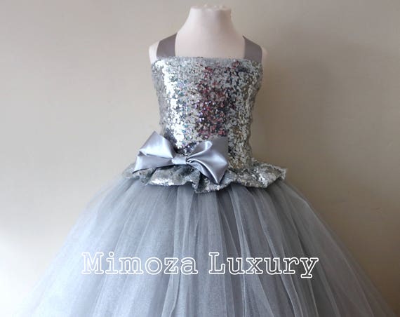 Silver Sequin Flower Girl Dress, silver sequin bridesmaid dress, flower girl gown, bespoke girls dress, tulle princess dress, silver dress