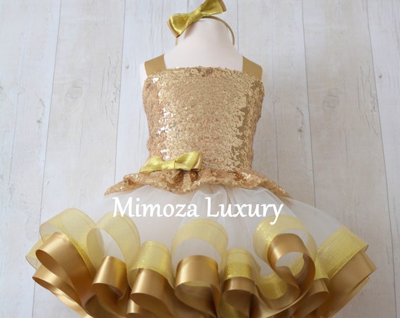Luxury Gold Birthday Outfit, gold girls birthday dress, gold baby girl tutu princess dress, 1st birthday gold tutu dress outfit, infant girl