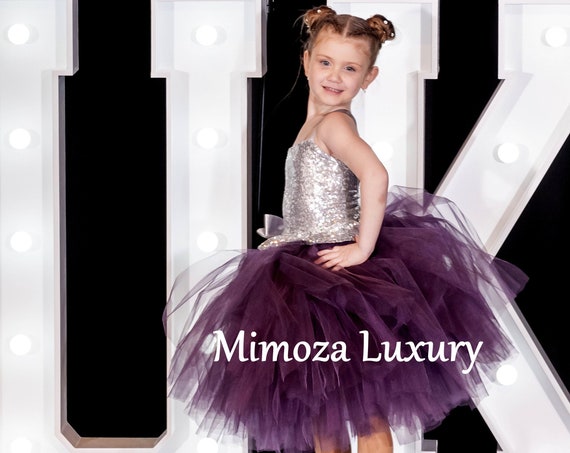 Silver Aubergine Flower girl dress, luxury silver sequins aubergine tulle dress