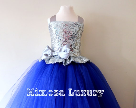 Silver & Royal Blue Flower Girl Dress, silver sequin bridesmaid dress, flower girl gown, bespoke girls dress, tulle princess dress, silver