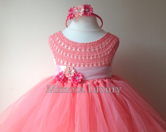 Coral Peach Flower girl dress, coral tutu dress, bridesmaid dress, coral princess dress, crochet top tulle dress, hand knit tutu dress