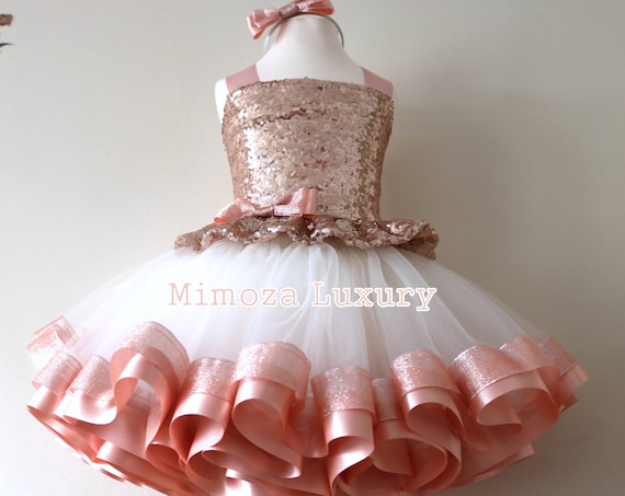 Luxury Rose Gold Birthday Outfit, rose gold girls birthday dress, baby girl tutu princess dress, 1st birthday tutu dress outfit, infant girl