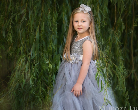Silver Gray Grey Flowergirl dress, tutu dress, bridesmaid dress, princess dress, silk crochet top tulle dress, hand knit silk top tutu dress