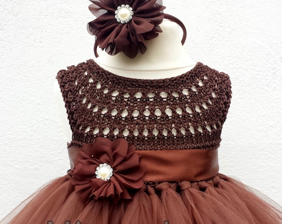 Chocolate Brown Flower girl dress, tutu dress, bridesmaid dress, brown princess dress, crochet top tulle dress, brown yarn tutu dress