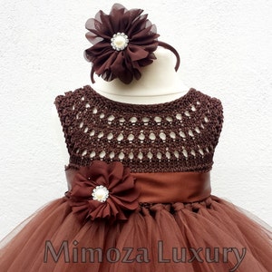 Chocolate Brown Flower girl dress, tutu dress, bridesmaid dress, brown princess dress, crochet top tulle dress,  brown yarn tutu dress