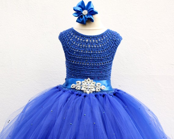 Royal Blue Deluxe Flower girl dress, Rhinestone sash Peacock blue tutu dress, royal blue bridesmaid dress, royal blue princess dress