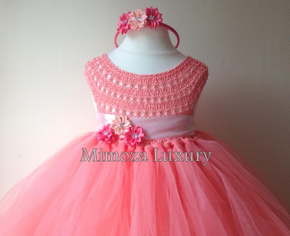 Coral Peach Flower girl dress, coral tutu dress, bridesmaid dress, coral princess dress, crochet top tulle dress, hand knit tutu dress