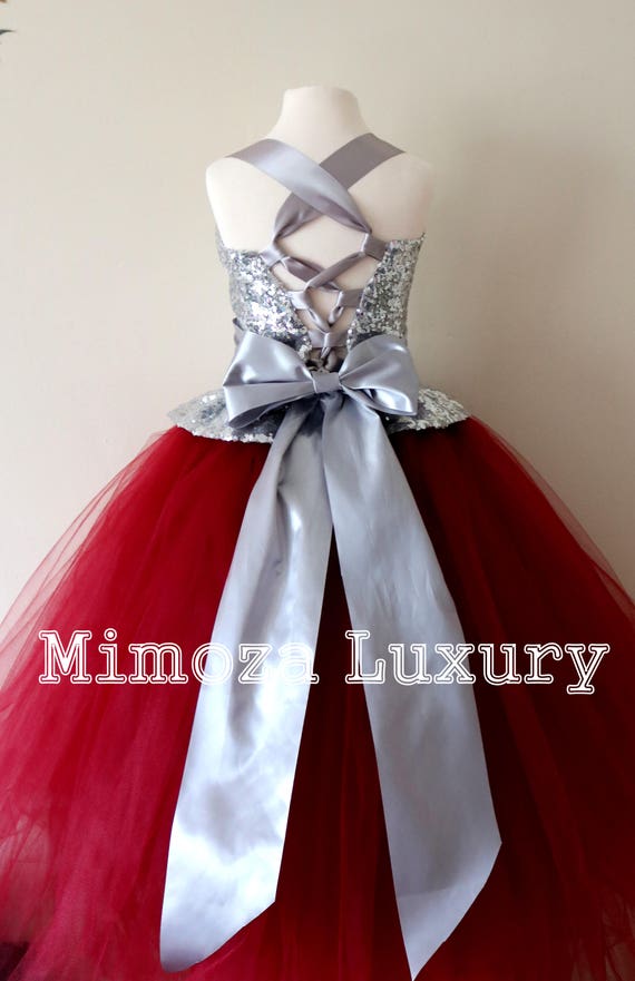 Silver & Burgundy Flower Girl Dress, silver bridesmaid dress, couture flower girl gown, bespoke girls dress, burgundy tulle princess dress