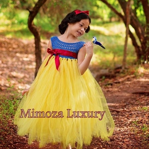 Snow White Luxury Princess dress, Flower girl dress, tutu dress, blue crochet top yellow tulle dress, knit tutu dress snow white