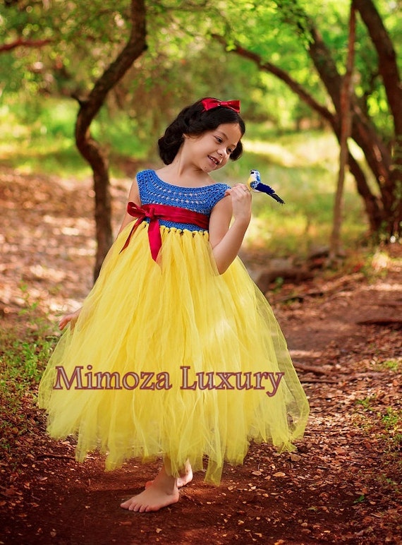 Snow White Luxury Princess dress, Flower girl dress, tutu dress, blue crochet top yellow tulle dress, knit tutu dress snow white