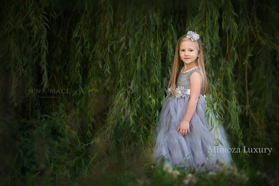 Silver Gray Grey Flowergirl dress, tutu dress, bridesmaid dress, princess dress, silk crochet top tulle dress, hand knit silk top tutu dress