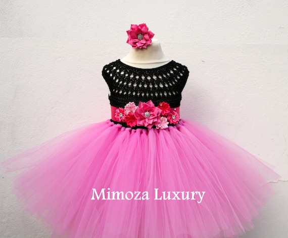 Black Pink Flower girl dress, hot pink  tutu dress, birthday dress, princess dress, pink crochet top tulle dress, black pink tutu dress