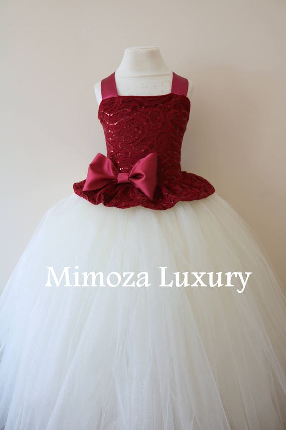 Burgundy Flower Girl Dress, burgundy bridesmaid dress, couture flower girl gown, bespoke girls dress, tulle princess dress, ivory tutu