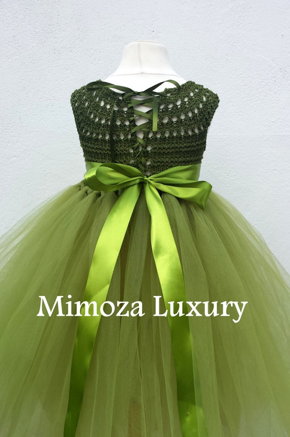 Olive Green Military Flower Girl Dress, Khaki Tutu Dress, Bridesmaid Dress, Princess Dress, Crochet Top Tulle Dress, Bottle Yarn Tutu Dress