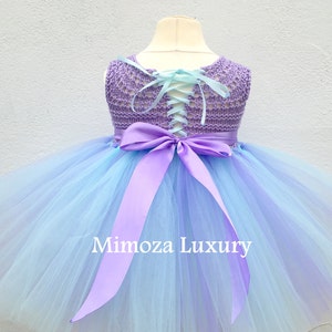 Pu&ograve; includere: Un abito tutu in tulle blu chiaro e viola con un corpetto in crochet lavanda e un nastro di raso lavanda abbinato legato in un fiocco sul retro. Il corpetto ha una schiena con lacci.