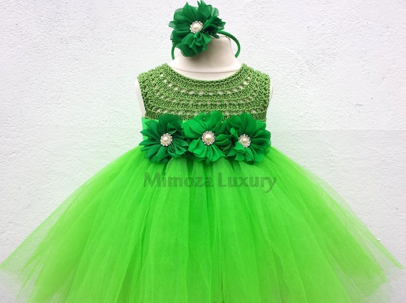 Green Fairy Flower girl dress, apple green tutu dress, bridesmaid dress, tinkerbell princess dress, crochet top tulle dress, yarn tutu dress