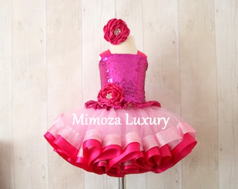 Luxury Pink Birthday Outfit, fuchsia pink girls birthday dress, baby girl tutu princess dress, 1st birthday tutu dress outfit, infant girl