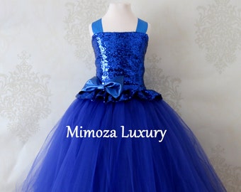 Royal Blue Sequin Flower Girl Dress, blue sequin bridesmaid dress,  royal blue flower girl gown, bespoke girls dress, tulle princess dress