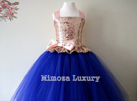 Rose Gold & Royal Blue Flower Girl Dress, Rose Gold sequin bridesmaid dress, flower girl gown, bespoke girls dress, royal tulle princess