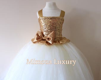 Gold Ivory Flower Girl Dress, gold bridesmaid dress, couture flower girl gown, bespoke girls dress, tulle princess dress, gold Ivory tutu