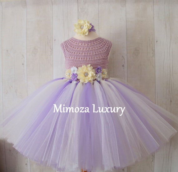 Cream Lavender Flower girl dress, tutu dress bridesmaid dress, princess dress, crochet top tulle dress, knit top tutu dress lavender lilac