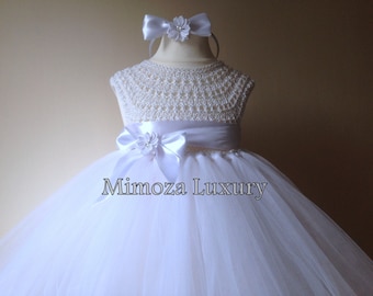 Baptism tutu dress, Christening tutu dress, White Flower girl dress, tutu dress, bridesmaid dress, princess dress, crochet top tulle dress