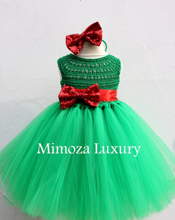 Christmas tutu dress, Christmas eve dress, Christmas green elf tutu dress, red green princess dress, emerald crochet top tulle dress