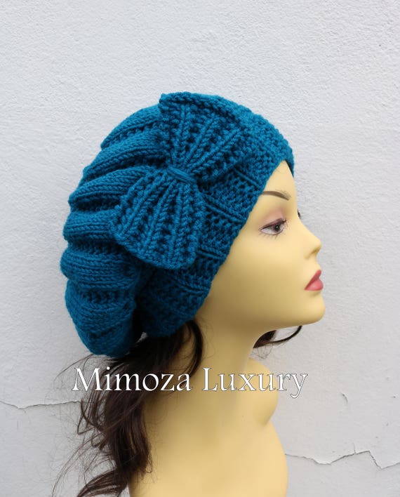 Petrol blue Woman Hand Knitted Hat with Bow, teal Blue hat with bow, ocean blue knit hat, slouchy knit women's hat with bow, winter hat